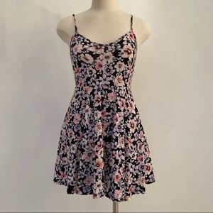 XXI dress pink floral black mini flare summer S
